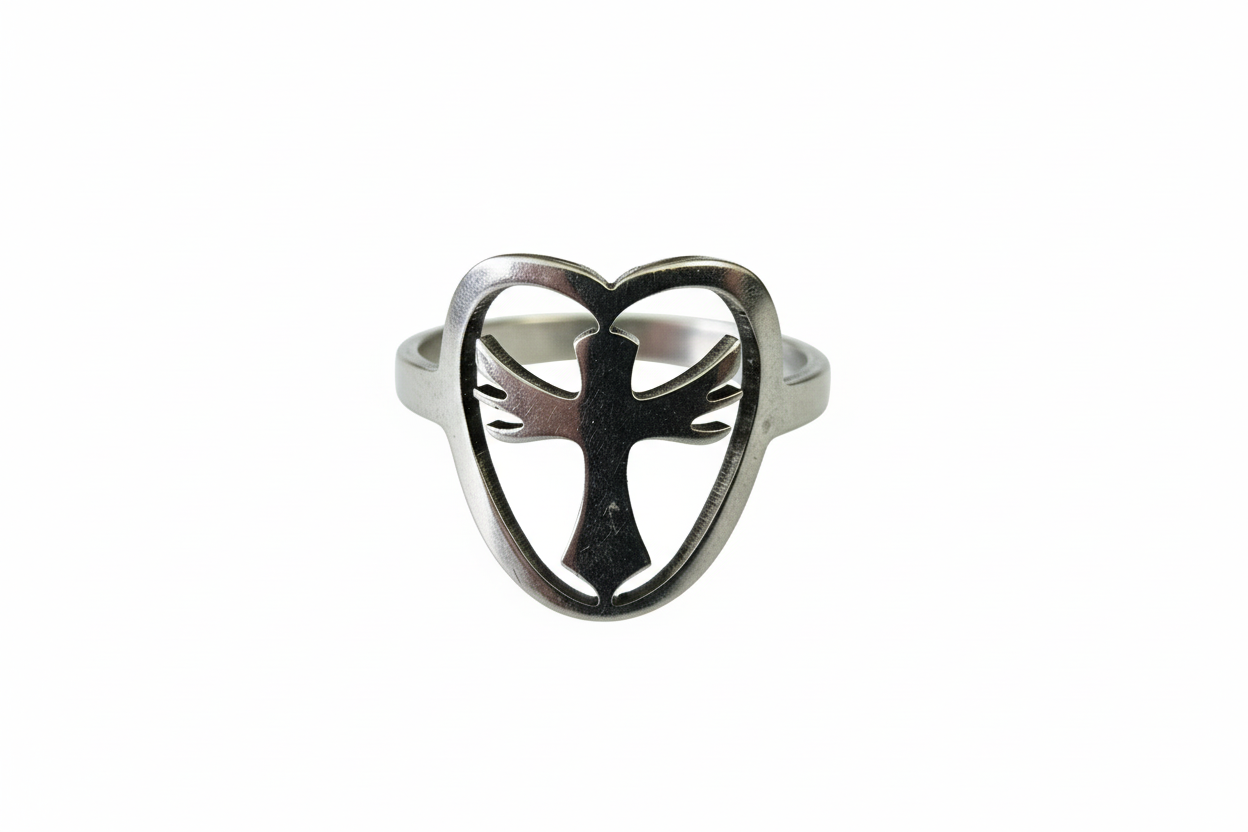 Cross inside Heart Stainless Steel Ring