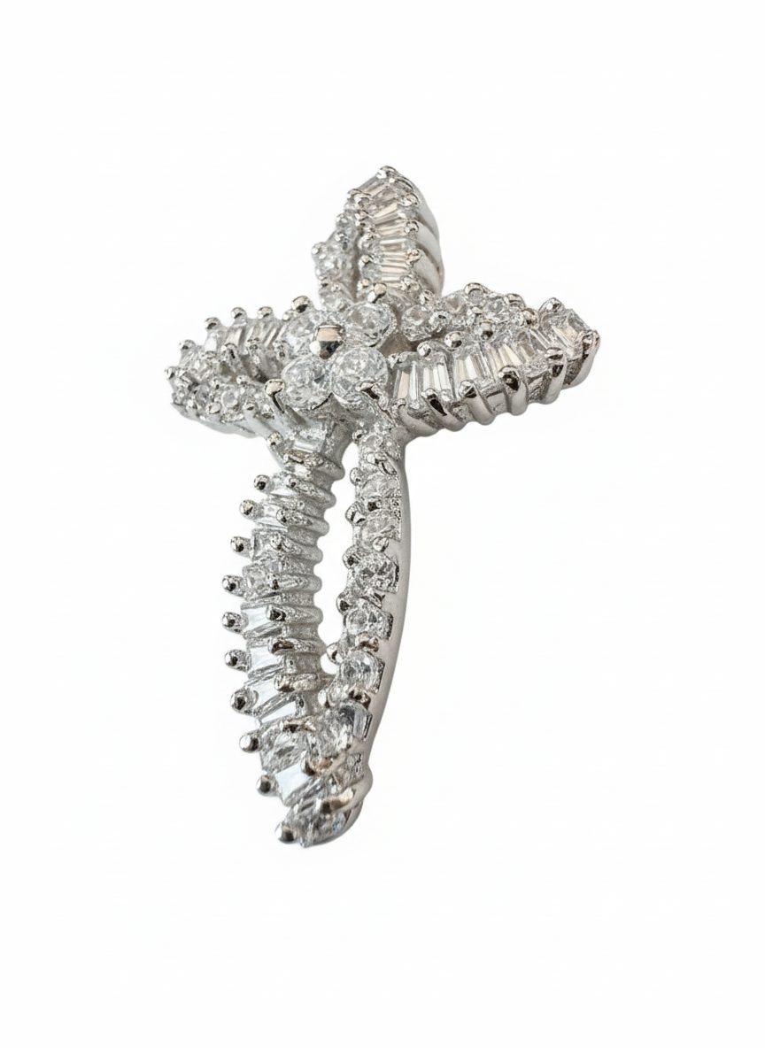 Hollow Shiny Cross Pendant Sterling Silver with Cubic Zirconia Stones