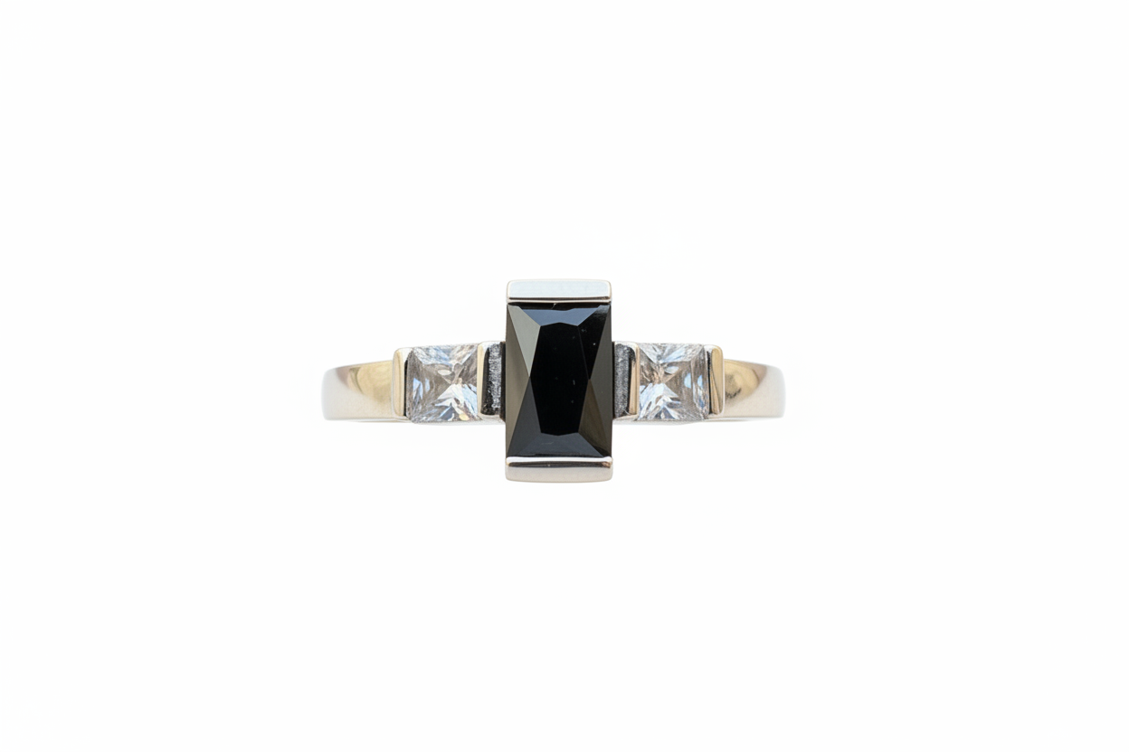 925 Sterling Silver Rectangle Black Cubic Ring with 2 Cubic Zirconia stones