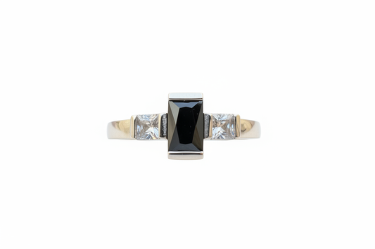 925 Sterling Silver Rectangle Black Cubic Ring with 2 Cubic Zirconia stones