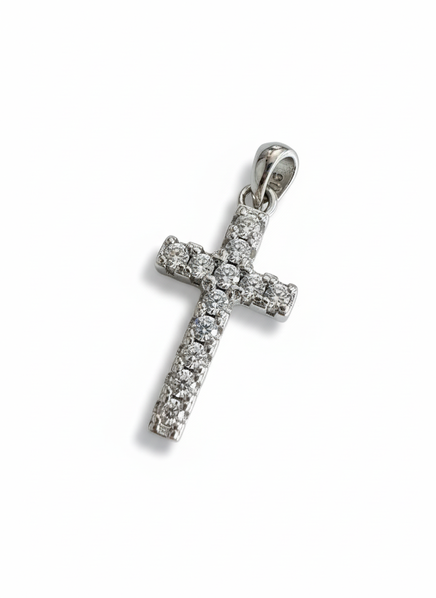 Single Row C/Z Stone Cross Pendant Sterling Silver