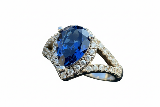 925 Sterling Silver Pear Shape Sapphire lab grown stone with halo Cubic Zirconia stone