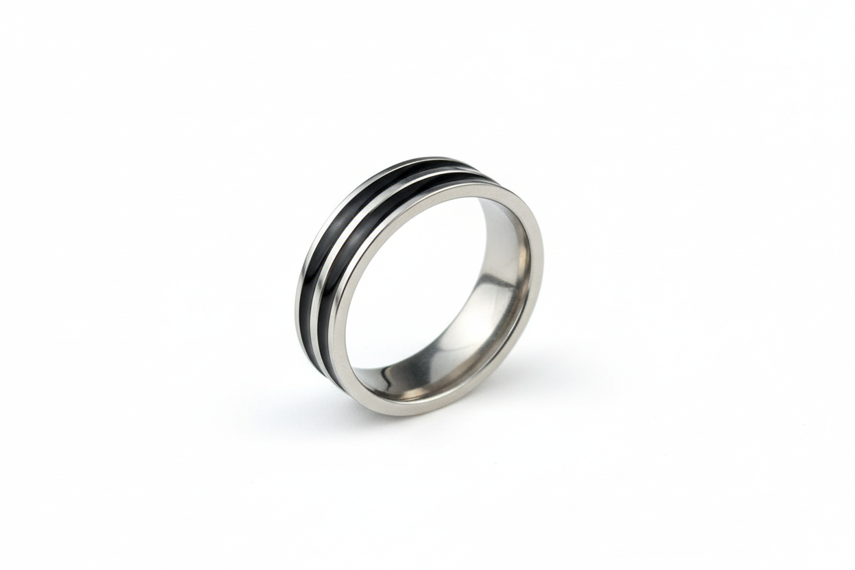 Silver with 2 Stripe Black Inlay Stainless Steel Ring
