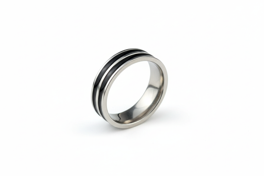 Silver with 2 Stripe Black Inlay Stainless Steel Ring