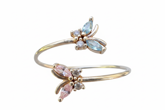 925 Sterling Silver butterfly ring with pink and blue Cubic Zirconia stones