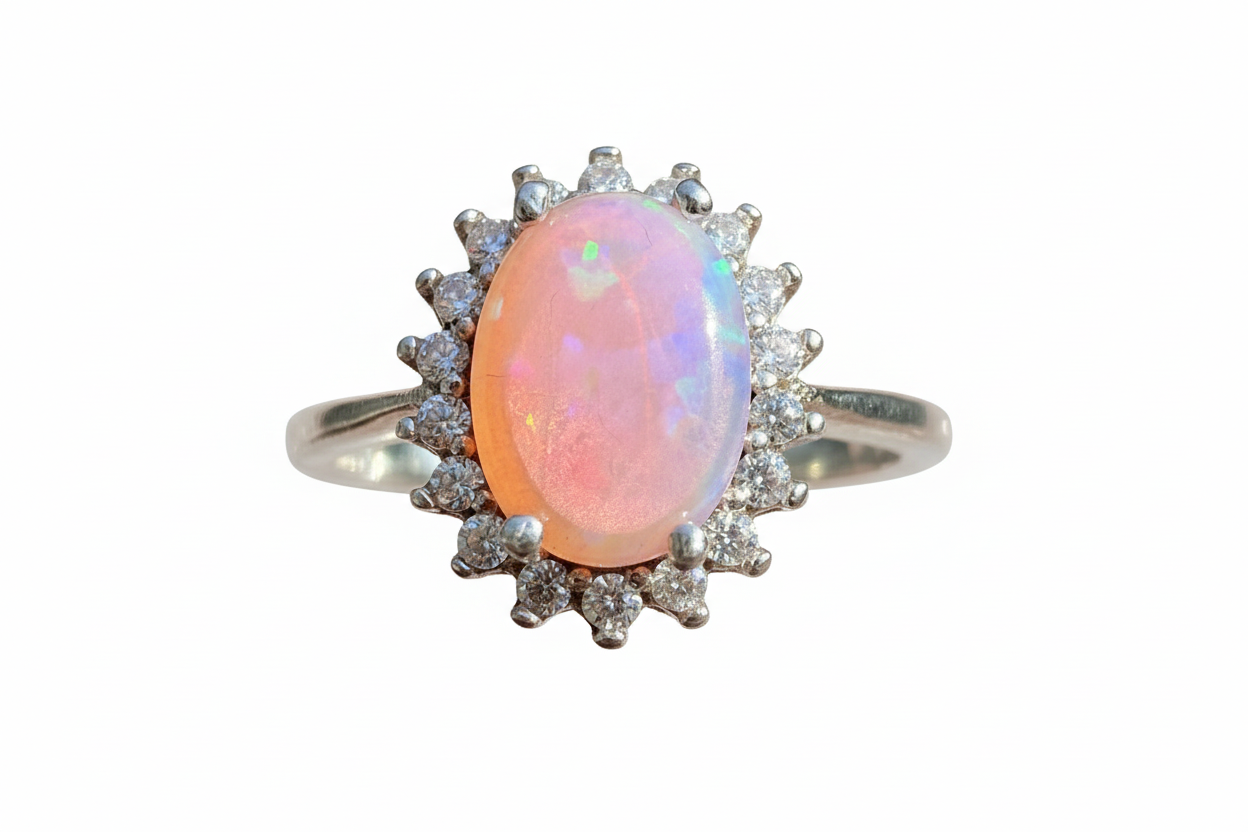 925 Sterling Silver Pink Opal Ring with Cubic Zirconia stones