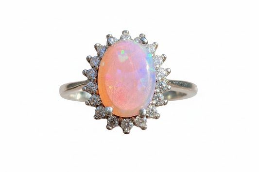 925 Sterling Silver Pink Opal Ring with Cubic Zirconia stones