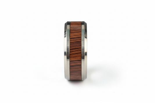 7.80mm Black and Brown Wooden Striped Vertical Insert Stainless Steel Ring