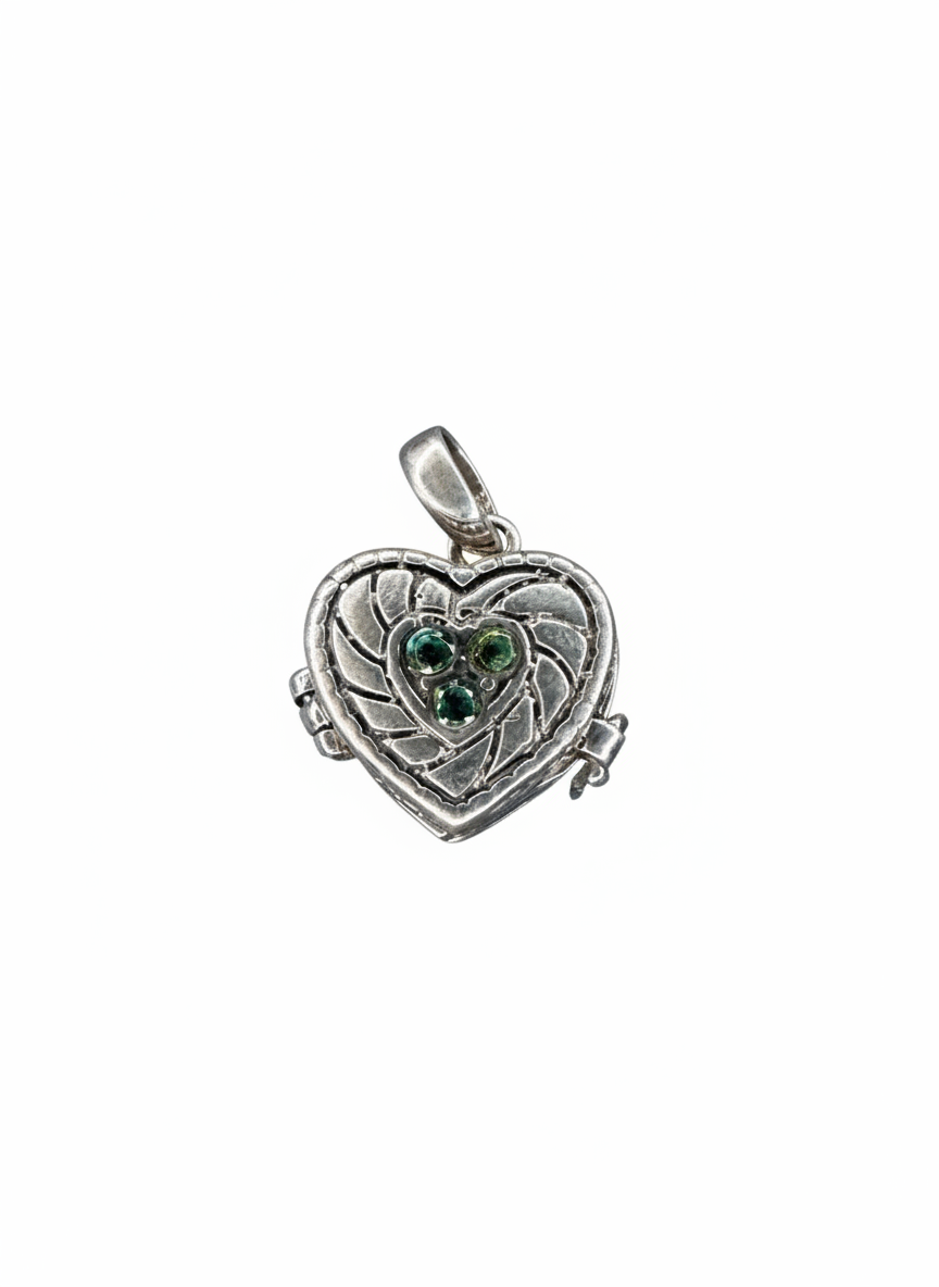 Vintage Heart Box with Green Cubics Sterling Silver Pendant