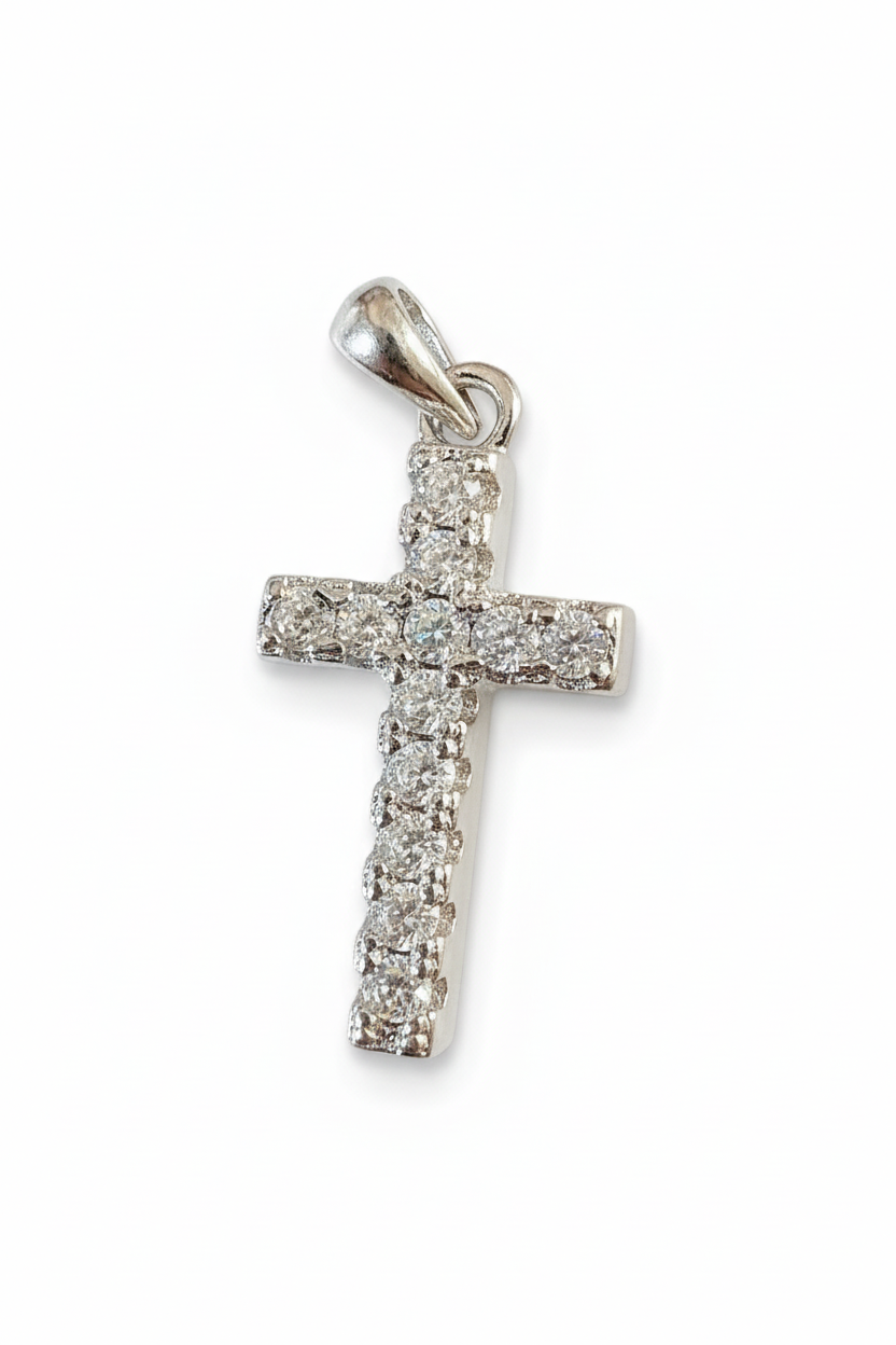 Single Row C/Z Stone Cross Pendant Sterling Silver