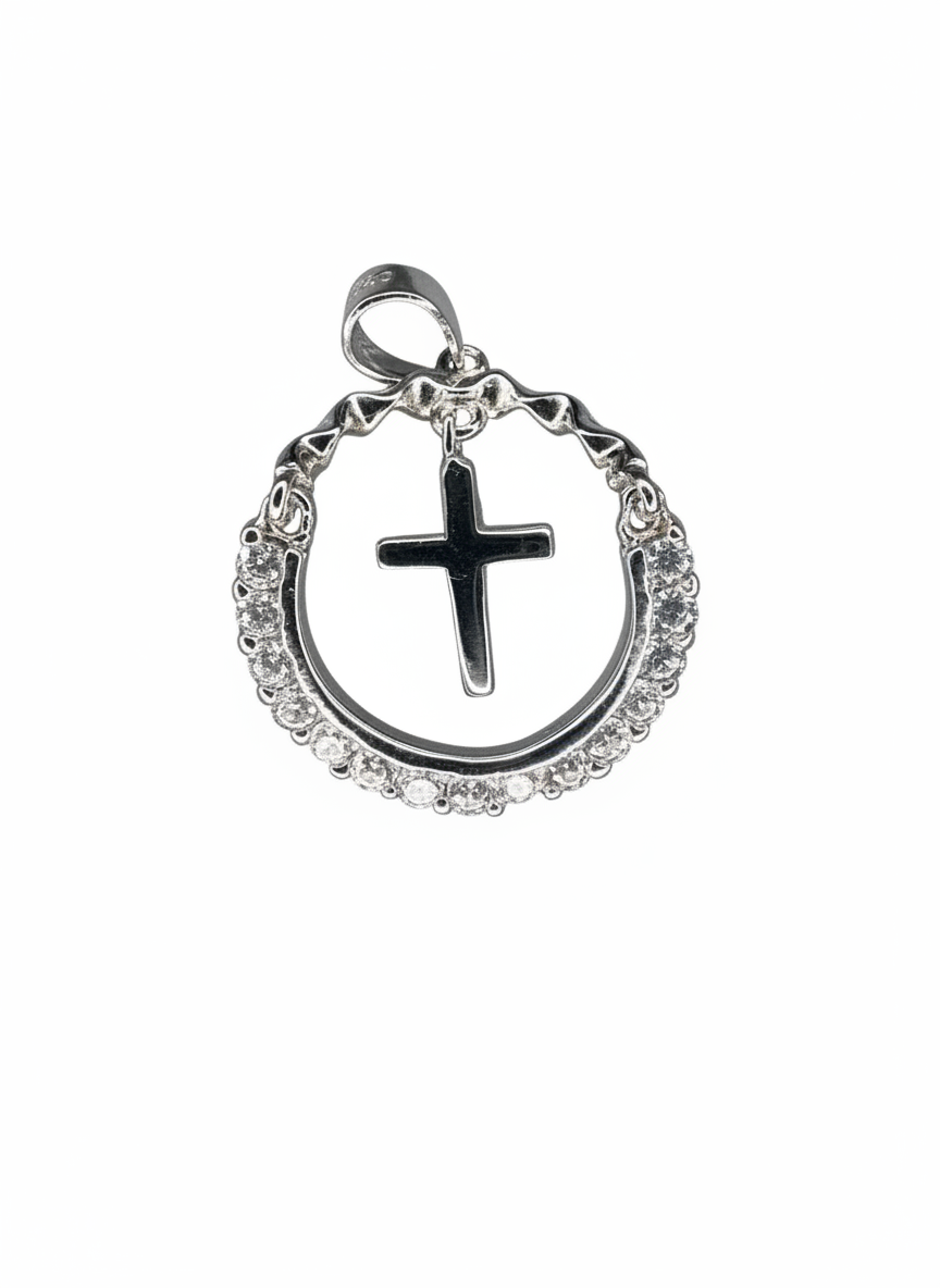 Hanging Cross Pendant Sterling Silver with Cubic Zirconia Stones