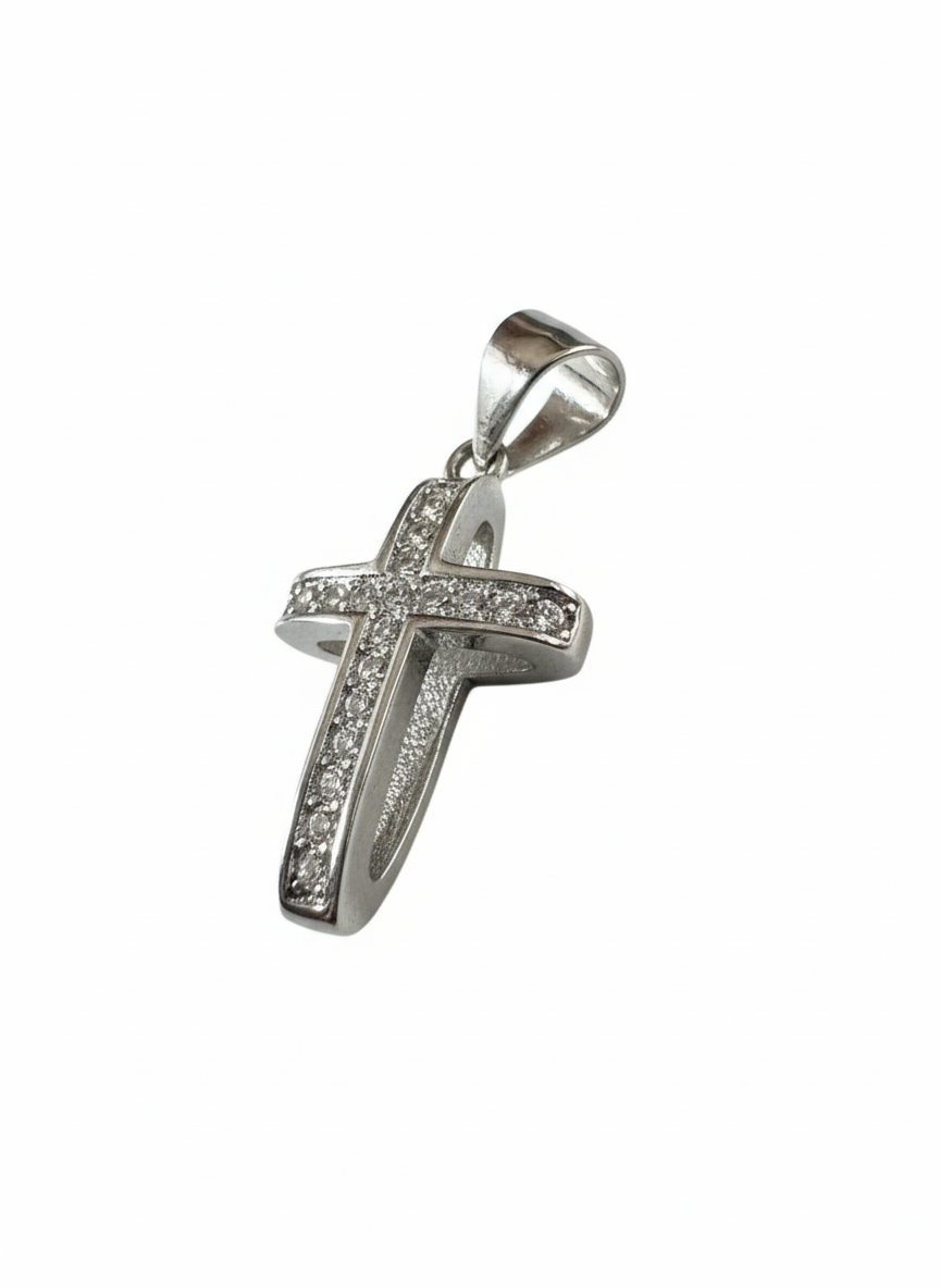 Hollow 2 Side Cross Pendant Sterling Silver with Cubic Zirconia Stones