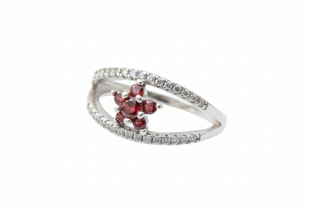925 Sterling Silver Millenium ring with garnet flower Cubic Zirconia stone