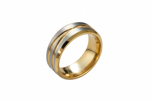 Gold Edged Striped Stainless Steel Ring