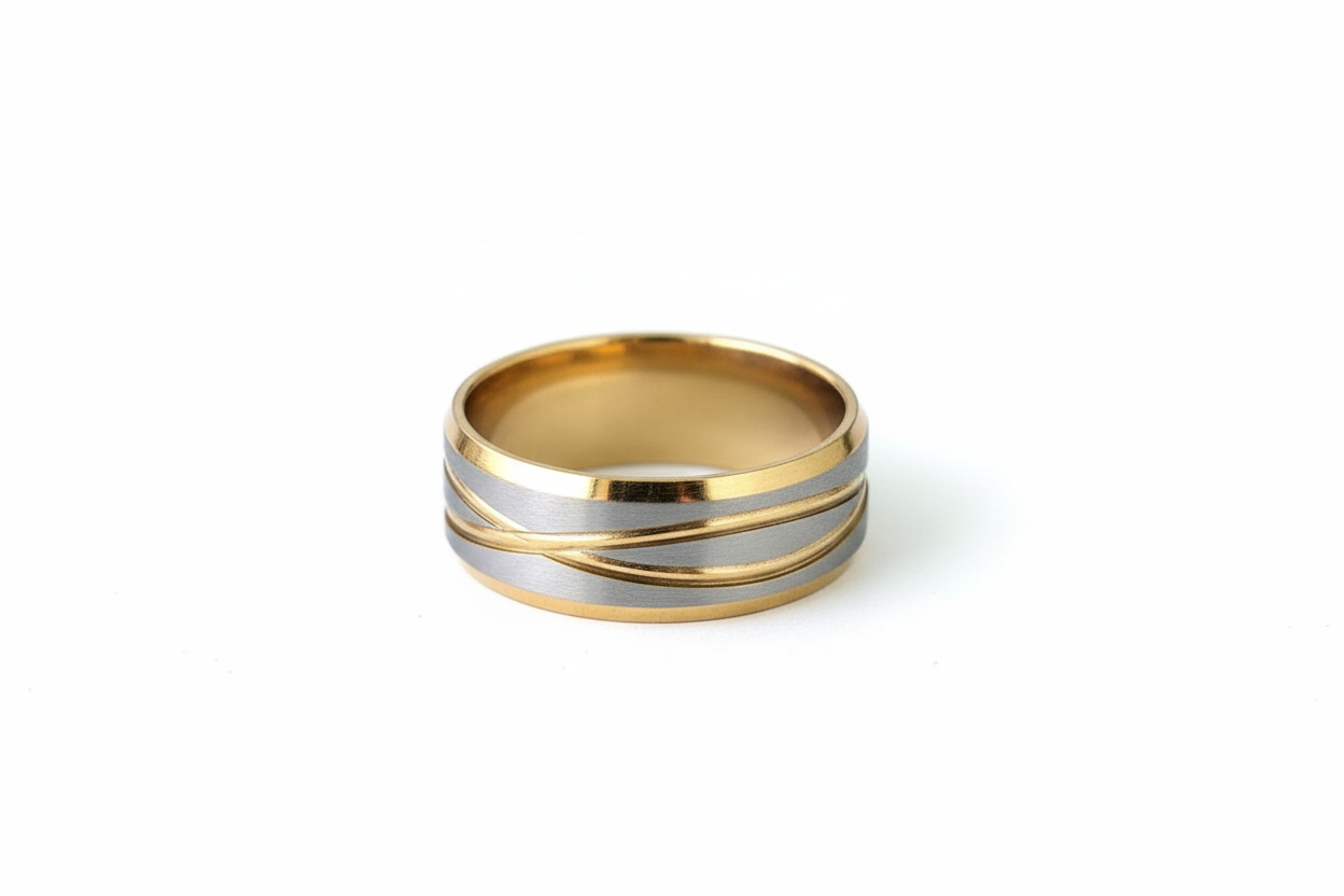 Gold Edged Striped Stainless Steel Ring