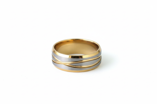 Gold Edged Striped Stainless Steel Ring