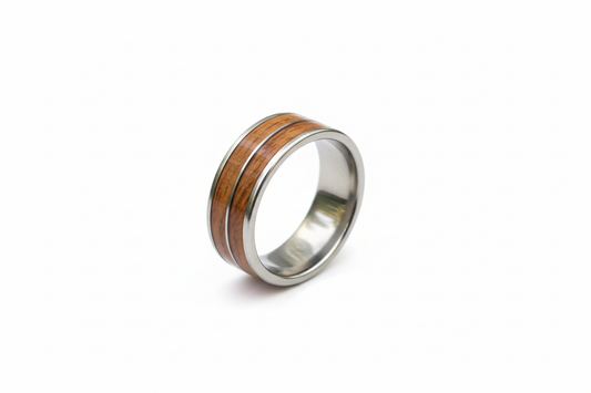 Wooden Brown and Silver Line Stainless Steel Ring