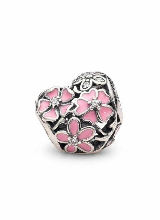 Pandora Compatible Pink Flower Heart Pendant Sterling Silver