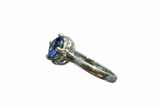 925 Sterling Silver halo Cubic Zirconia ring with sapphire lab grown stone