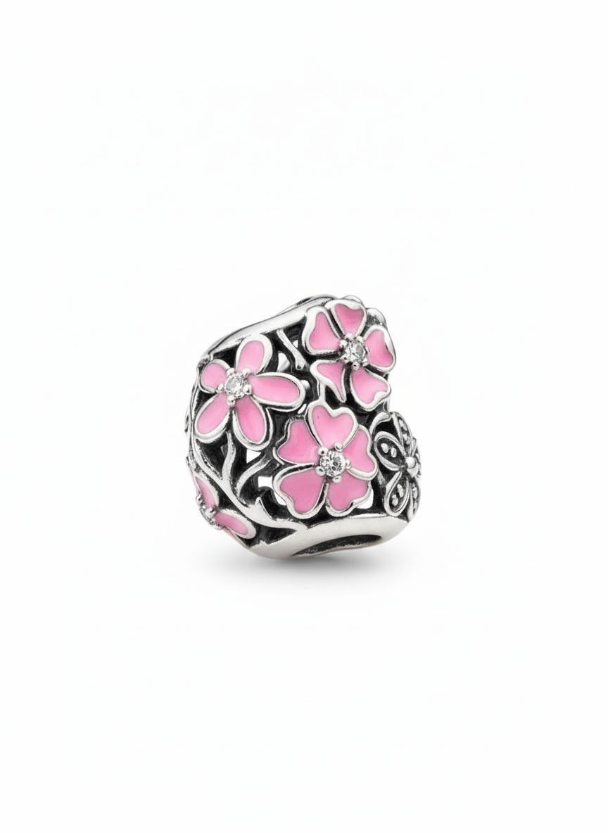 Pandora Compatible Pink Flower Heart Pendant Sterling Silver