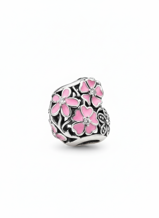 Pandora Compatible Pink Flower Heart Pendant Sterling Silver