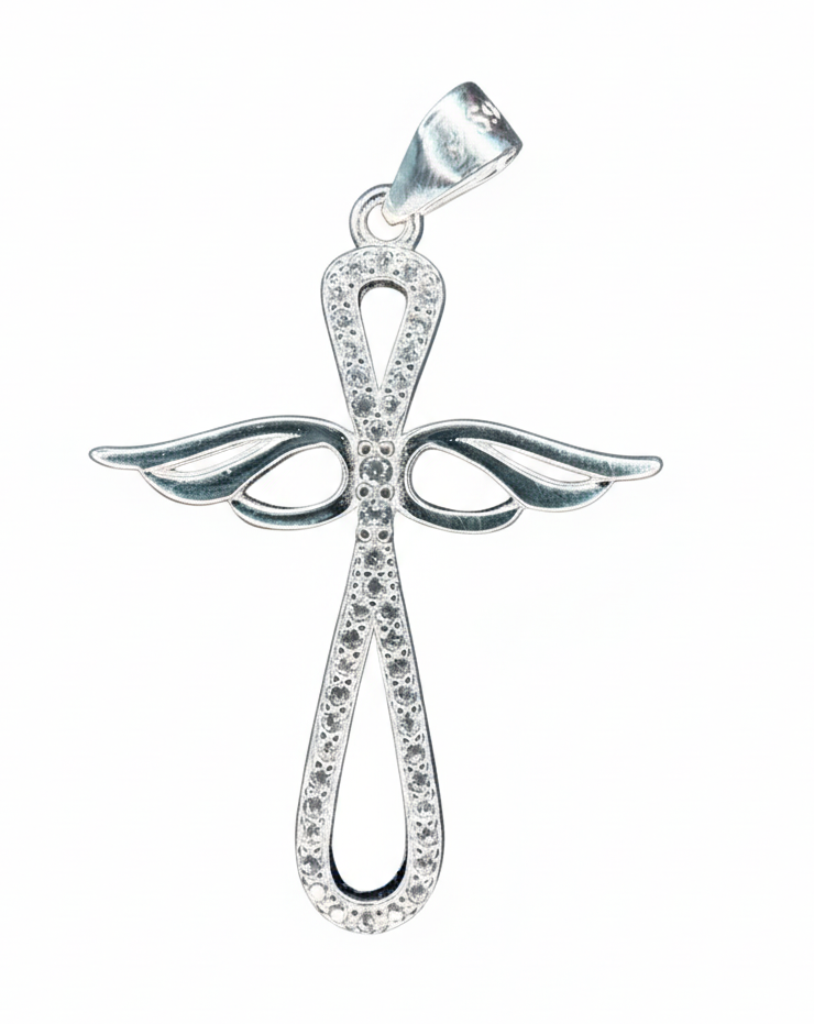 Infinity Angel Wing Cubic Cross Sterling Silver Pendant