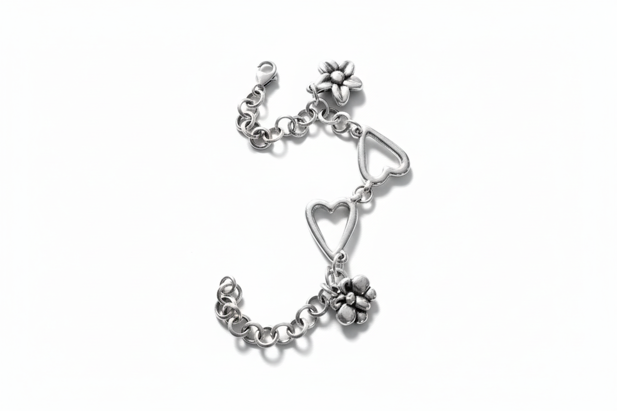 Anchor Chain with Heart/ Butterfly and Flower pendant Silver Bracelet
