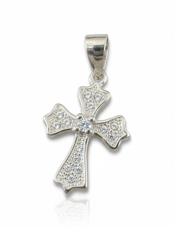 Tiny Templar Cubic Zirconia Cross Sterling Silver Pendant