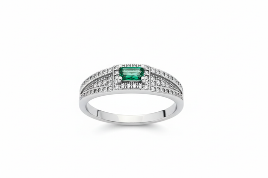 925 Sterling Silver ring with Emerald lab grown stone and Cubic Zirconia stones