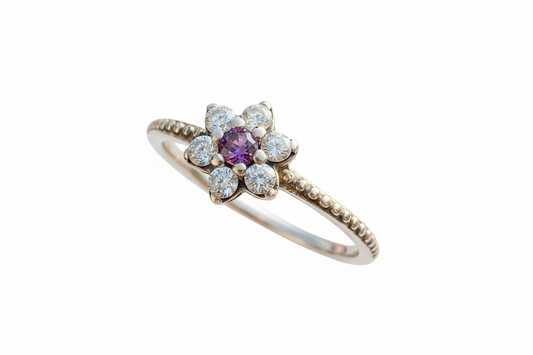 925 Sterling Silver ring purple flower lab grown ring