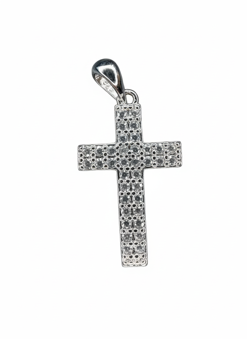 Double Stone Row Cross Pendant Sterling Silver with Cubic Zirconia Stones