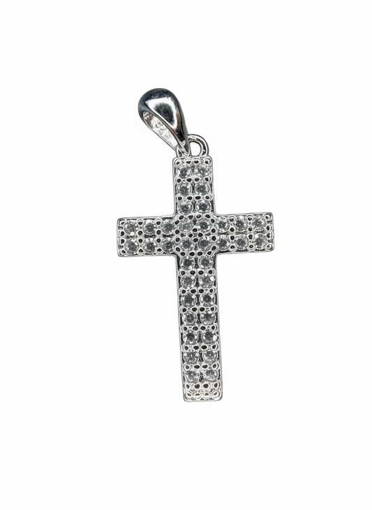 Double Stone Row Cross Pendant Sterling Silver with Cubic Zirconia Stones