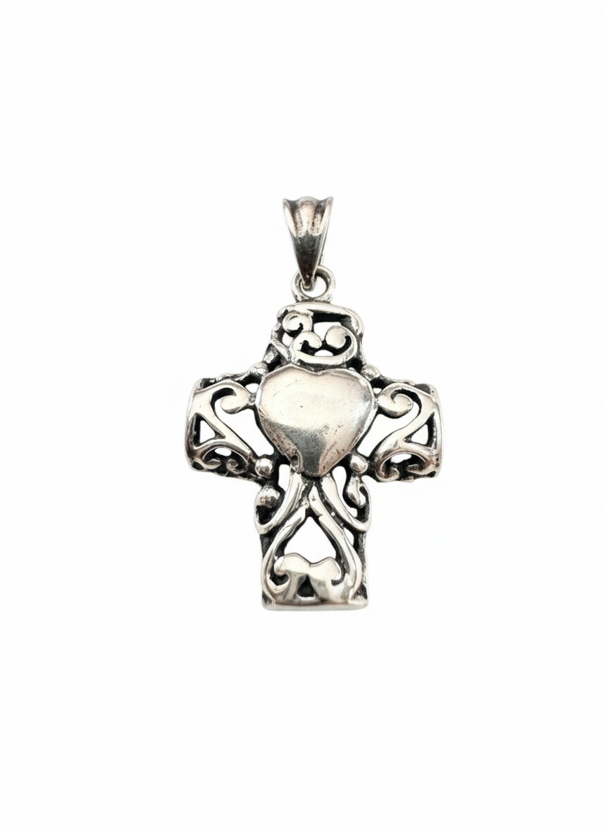 Vintage Heart Cross Pendant Sterling Silver
