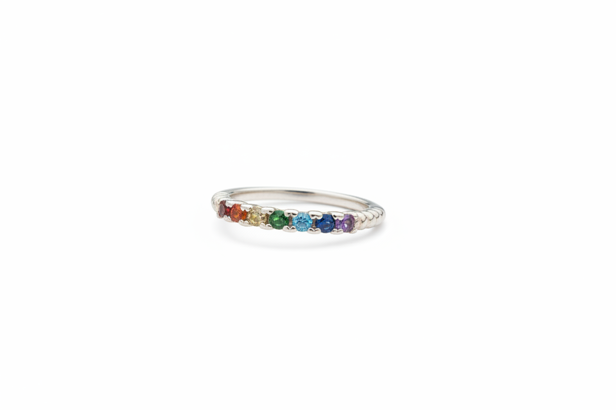 925 Sterling Silver ring with rainbow Cubic Zirconia stones