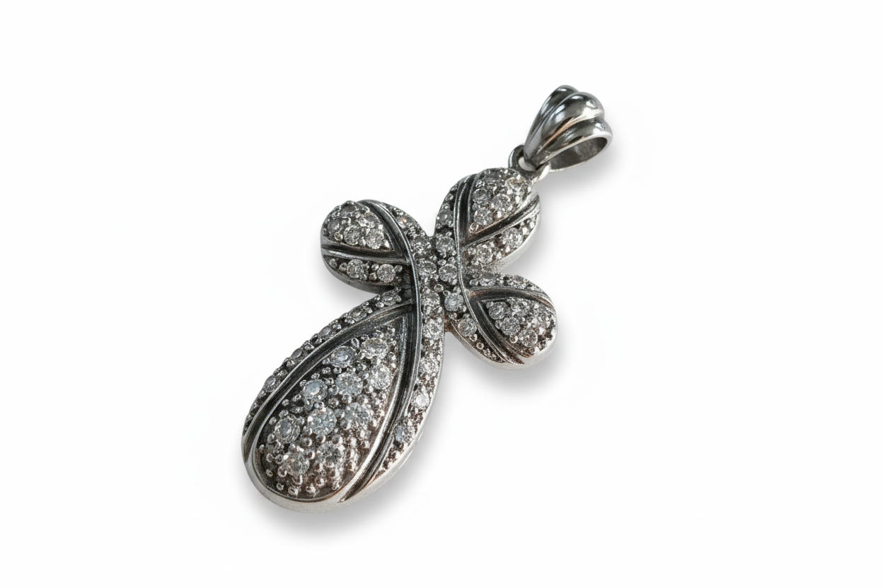 Intricate Fancy Cubic Zirconia Swirl Cross Sterling Silver Pendant
