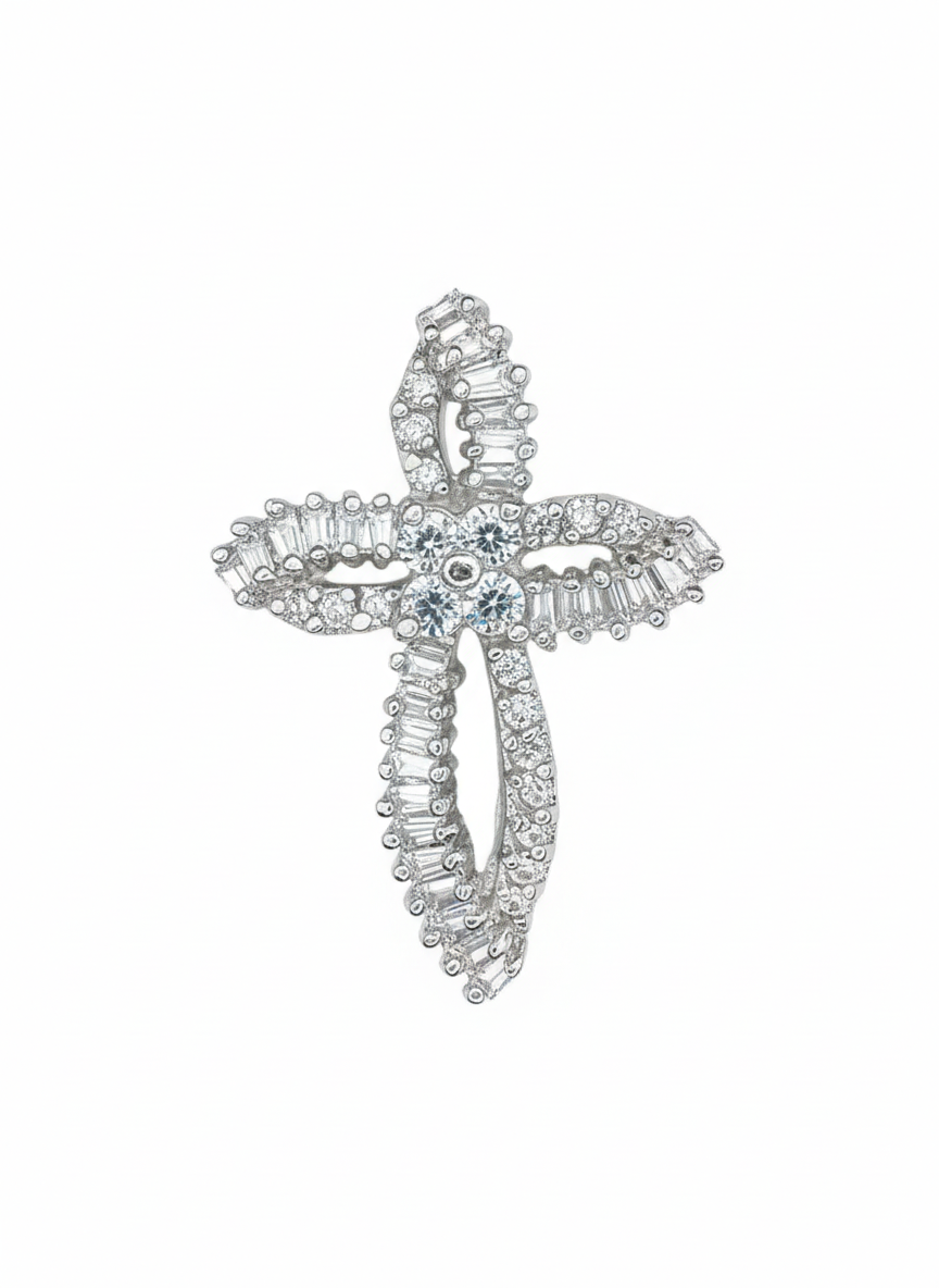 Hollow Shiny Cross Pendant Sterling Silver with Cubic Zirconia Stones