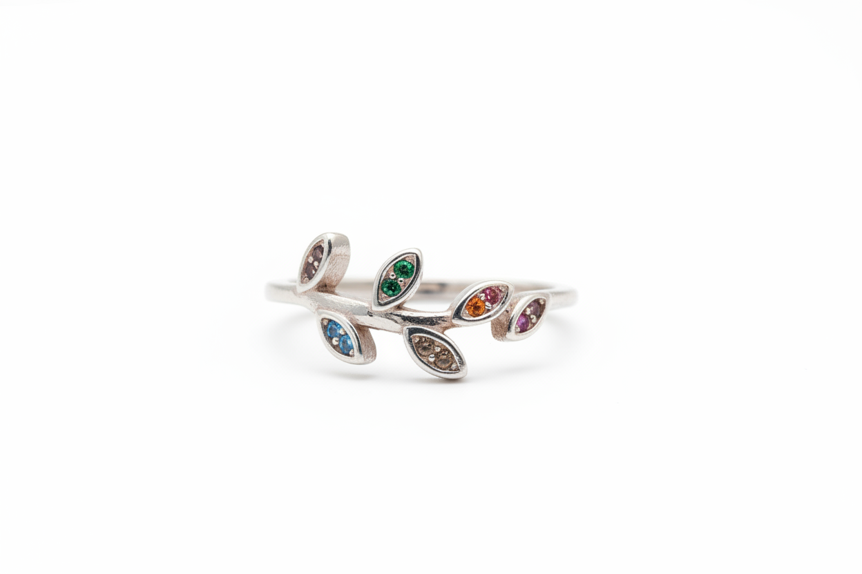 925 Sterling Silver leaf ring with colored Cubic Zirconia stones