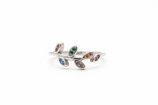 925 Sterling Silver leaf ring with colored Cubic Zirconia stones