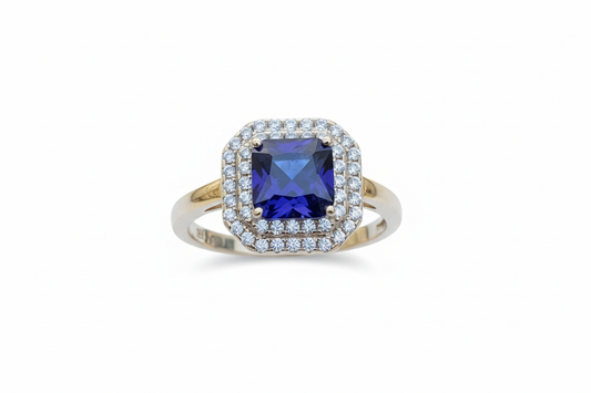 925 Sterling Silver Sapphire Ring with Cubic Zirconia Halos stones