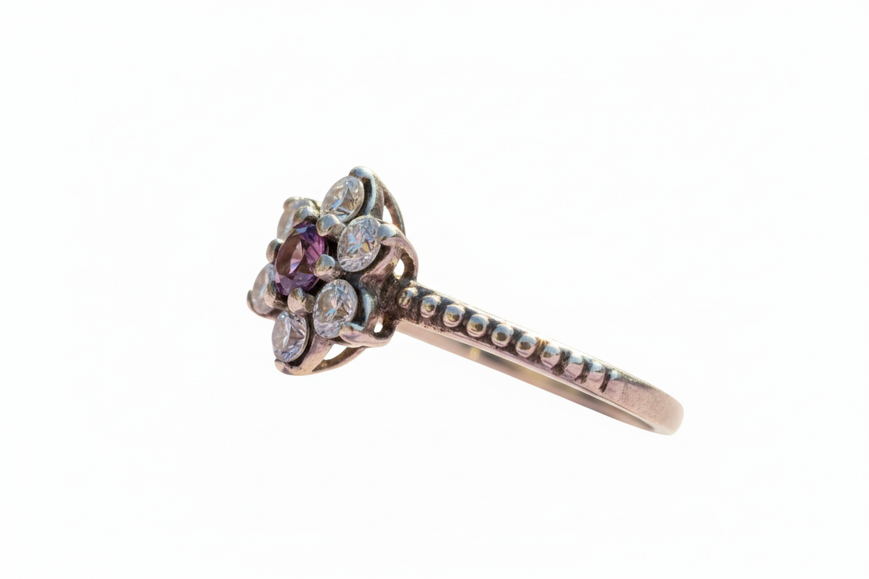 925 Sterling Silver ring purple flower lab grown ring