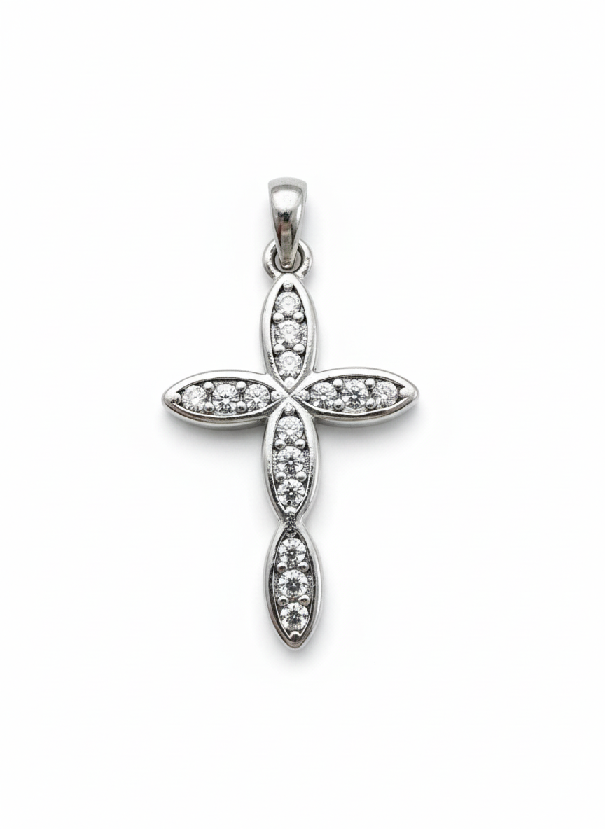 Oval Cross Pendant Sterling Silver with Cubic Zirconia Stones