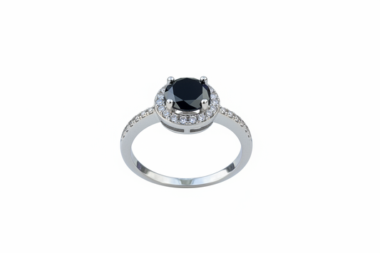 925 Sterling Silver Black Cubic Halo Ring with Cubic Zirconia stones