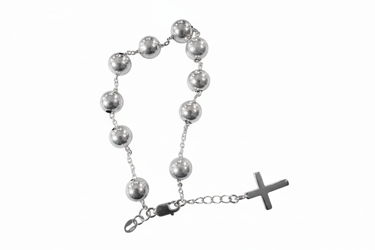 Anchor Chain 10 ball + Cross Pendant Silver Bracelet