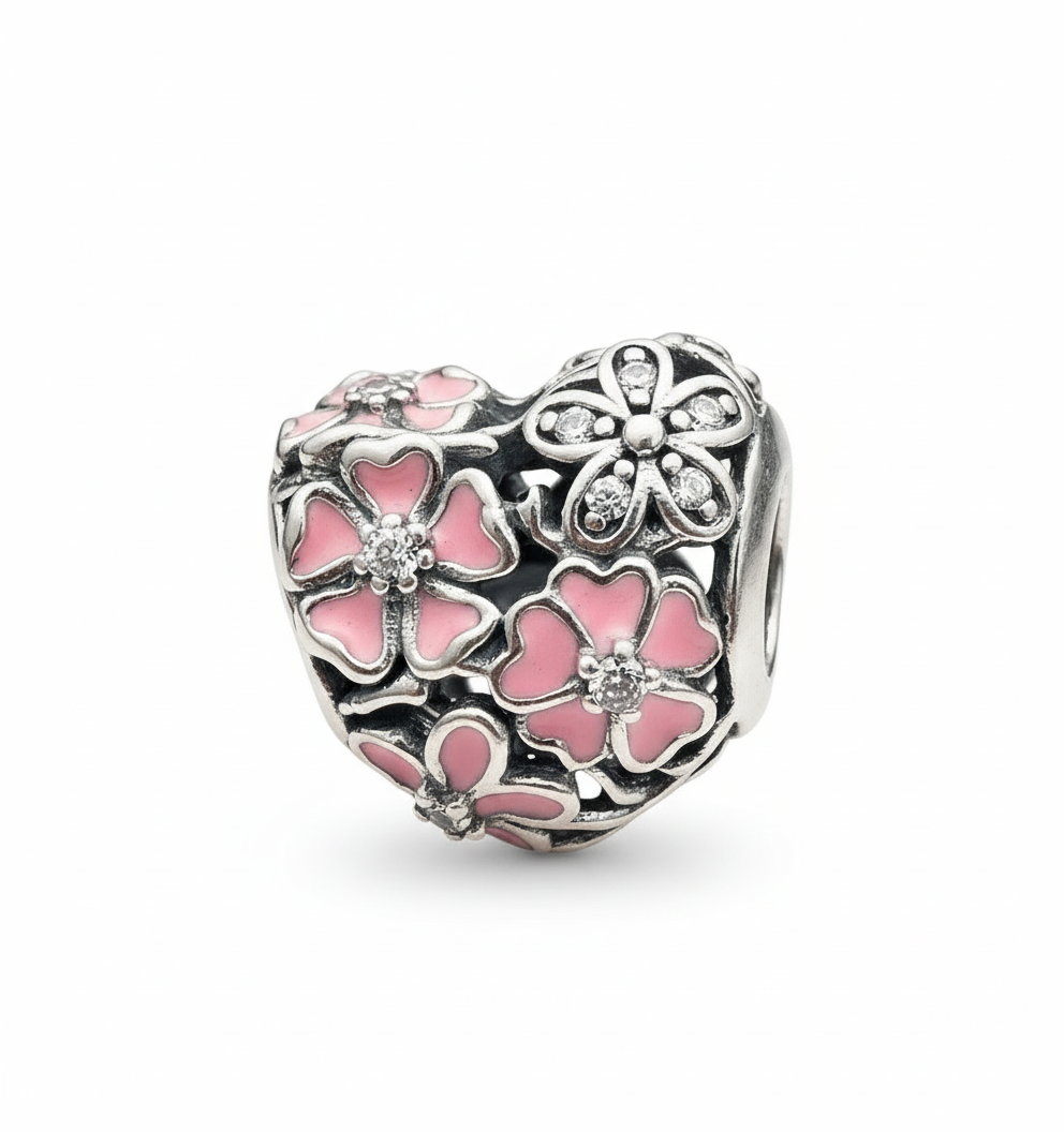Pandora Compatible Pink Flower Heart Pendant Sterling Silver