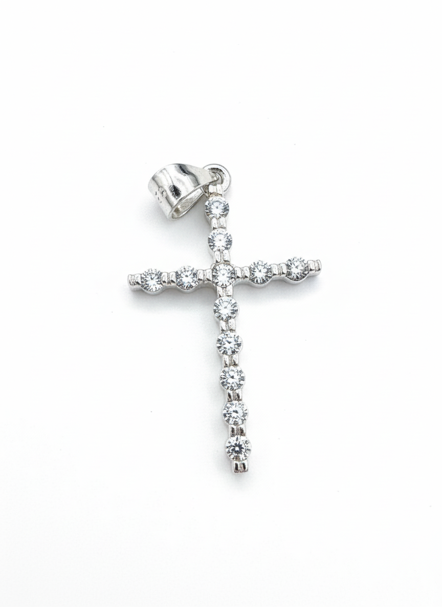 Slim Cubic Zirconia Cross Sterling Silver Pendant