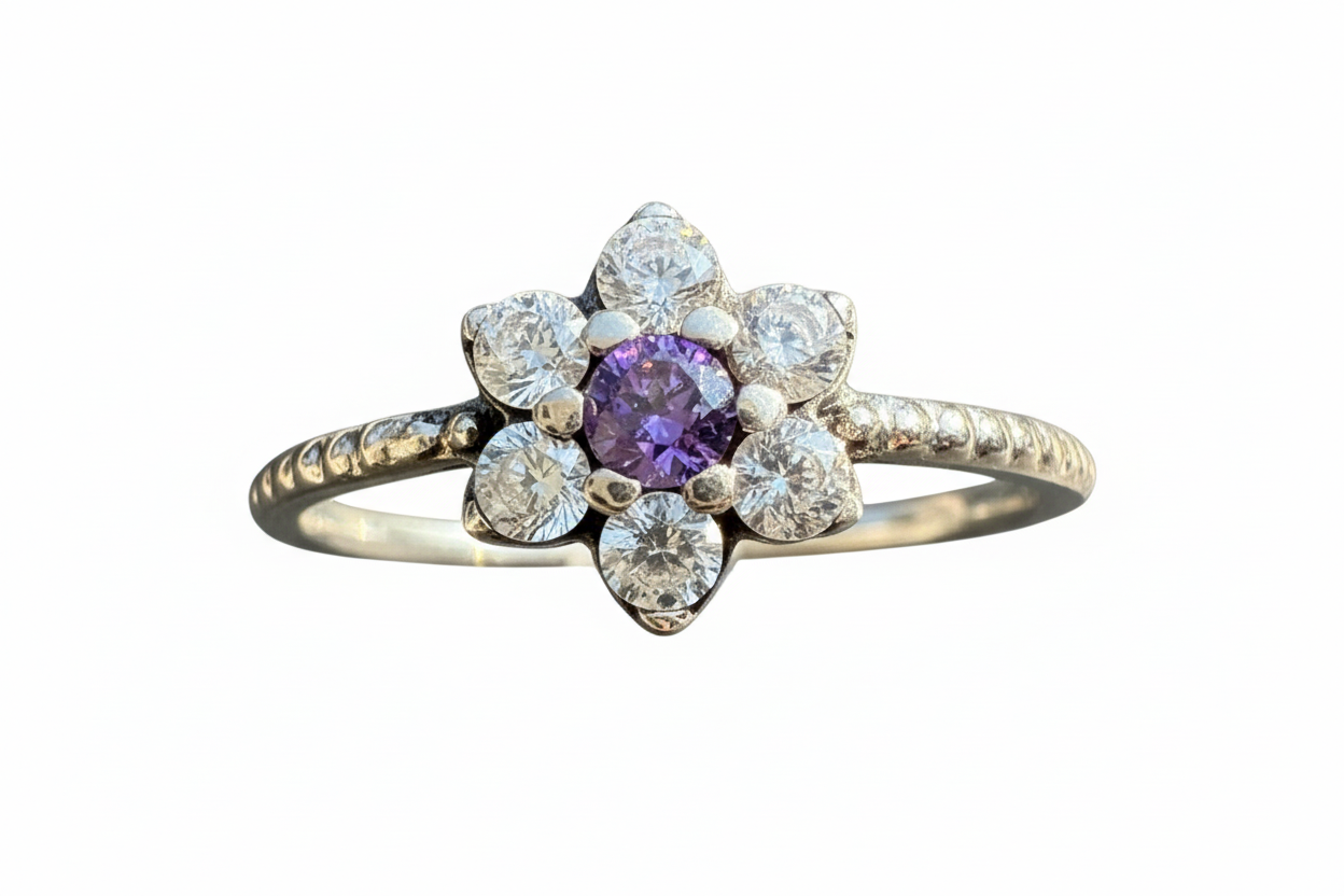 925 Sterling Silver Amethyst Flower Cubic Zirconia stone