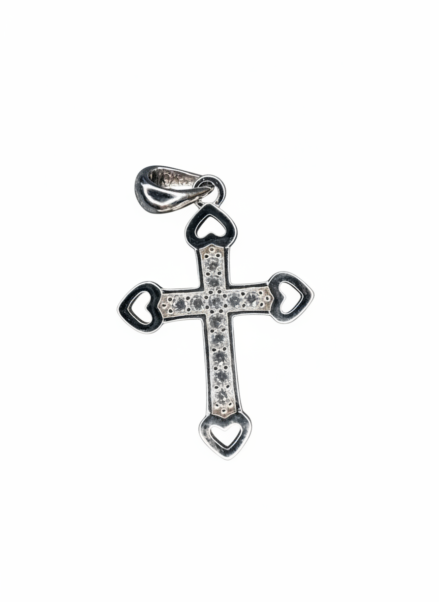 Heart Edge Cross Pendant Sterling Silver with Cubic Zirconia Stones