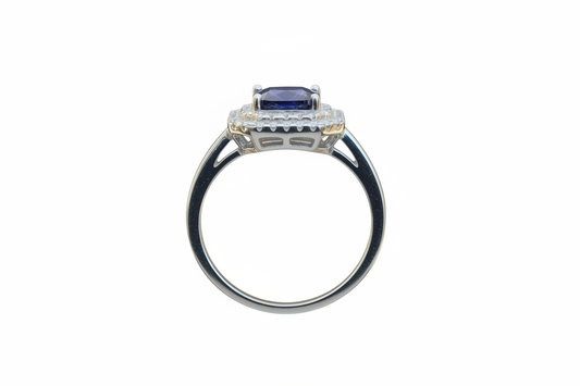 925 Sterling Silver Sapphire Ring with Cubic Zirconia Halos stones