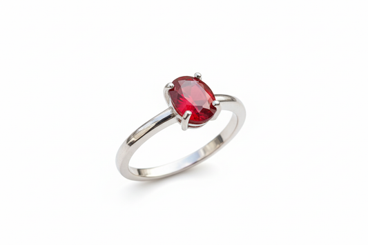 925 Sterling Silver ring with 4 claw ruby color lab grown stone