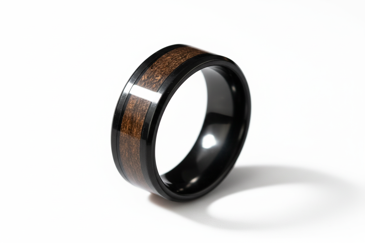Black and Dark Brown Wooden Insert Stainless Steel Ring